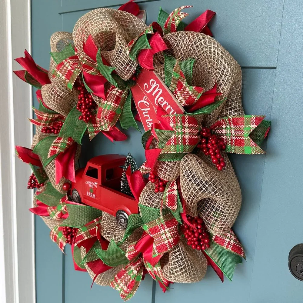 Red Truck Christmas Wreath Farmhouse Plaid Rustic Holiday Decor Made to Order